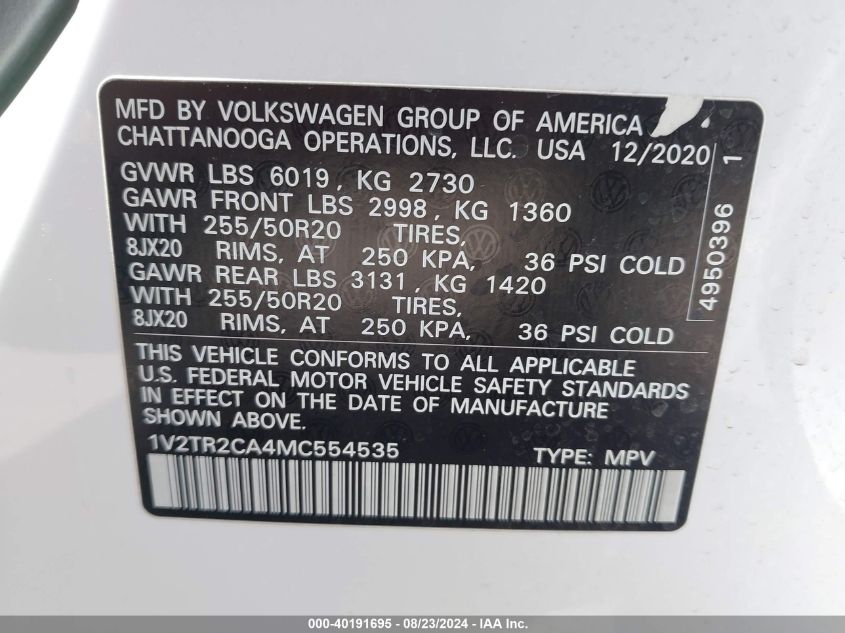 1V2TR2CA4MC554535 2021 Volkswagen Atlas 3.6L V6 Sel Premium