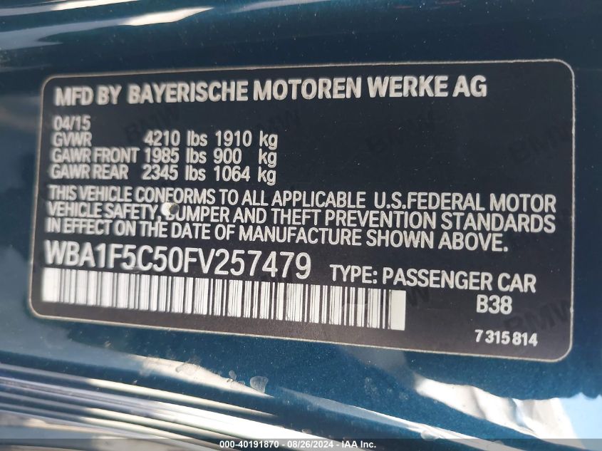 2015 BMW 228I VIN: WBA1F5C50FV257479 Lot: 40191870