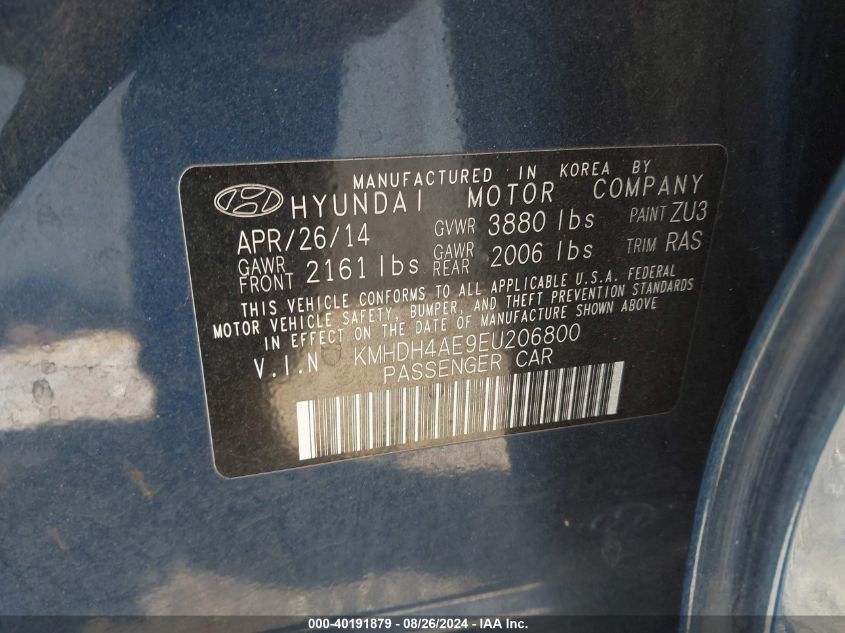 2014 Hyundai Elantra Limited/Se VIN: KMHDH4AE9EU206800 Lot: 40191879