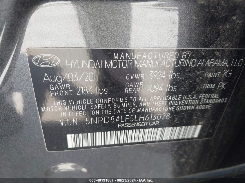 2020 Hyundai Elantra Sel VIN: 5NPD84LF5LH613028 Lot: 40191887