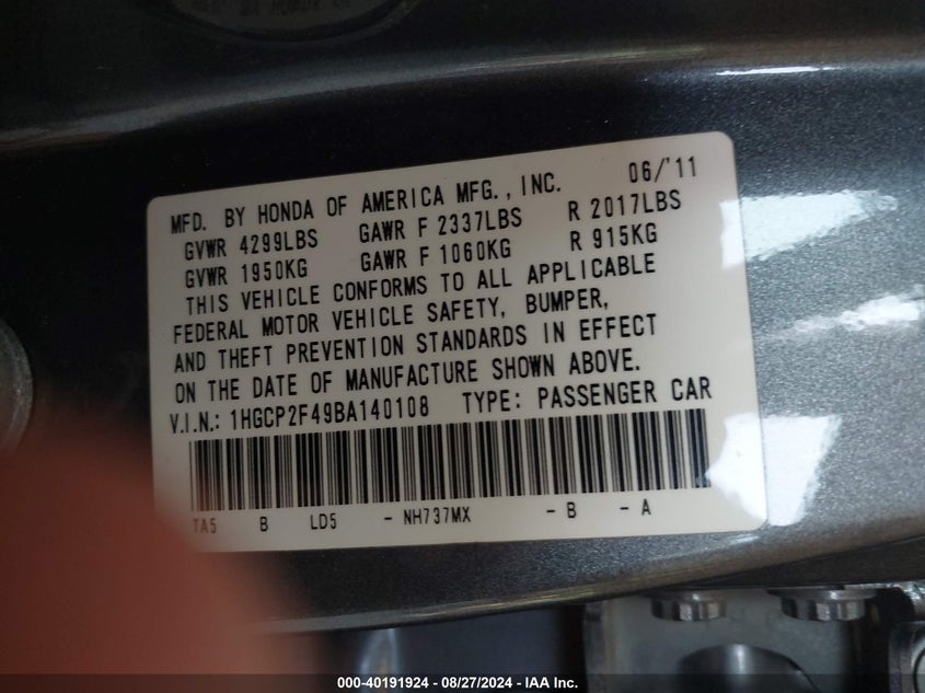 2011 Honda Accord 2.4 Lx-P VIN: 1HGCP2F49BA140108 Lot: 40191924