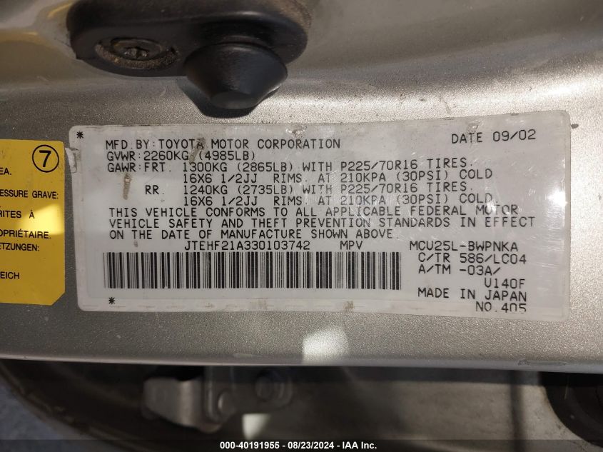 2003 Toyota Highlander Limited V6 VIN: JTEHF21A330103742 Lot: 40191955