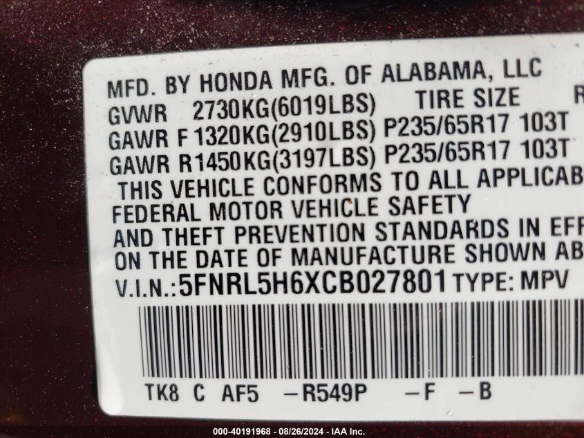 2012 Honda Odyssey Ex-L VIN: 5FNRL5H6XCB027801 Lot: 40191968
