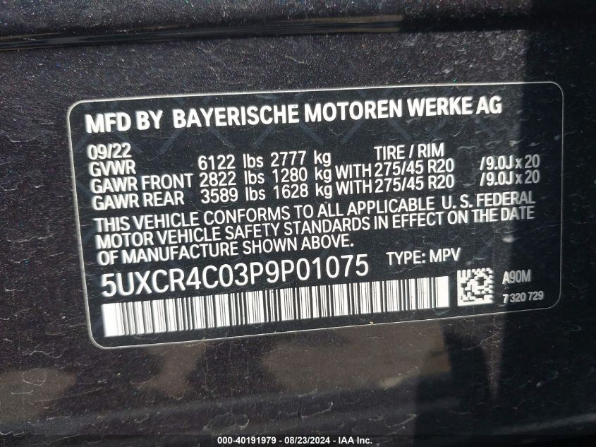 2023 BMW X5 Sdrive40I VIN: 5UXCR4C03P9P01075 Lot: 40191979