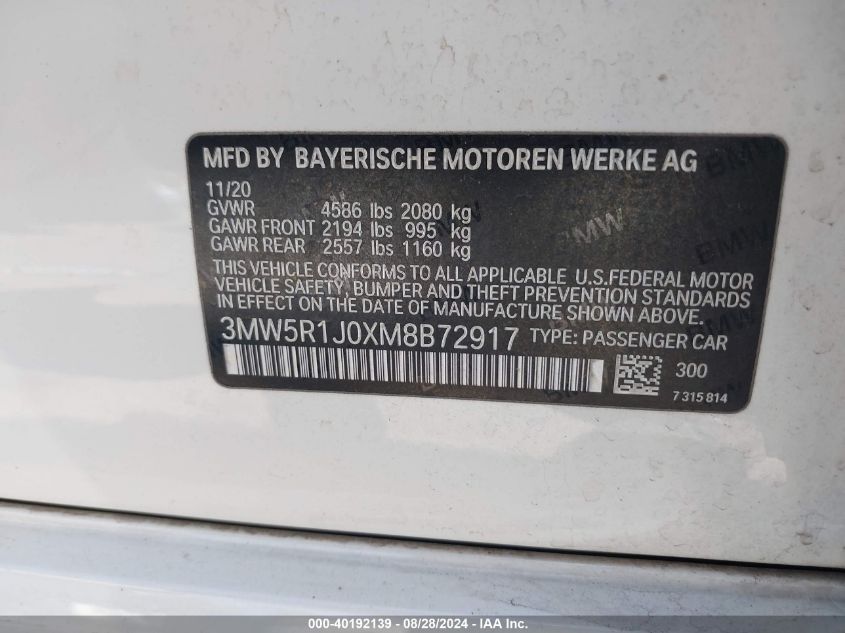 2021 BMW 330I VIN: 3MW5R1J0XM8B72917 Lot: 40192139