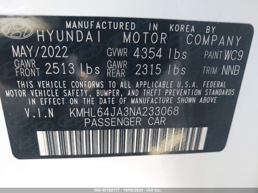 2022 Hyundai Sonata Sel VIN: KMHL64JA3NA233068 Lot: 40192177