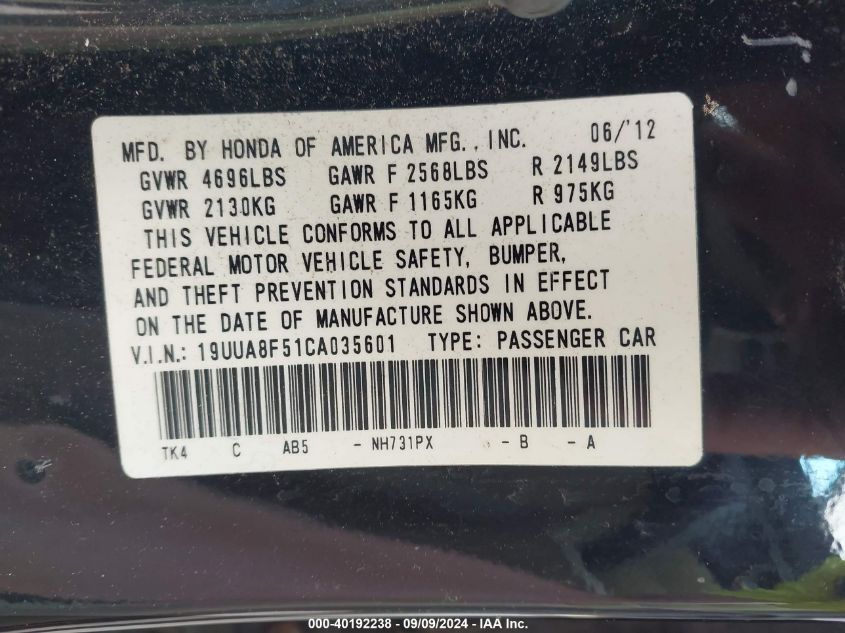 19UUA8F51CA035601 2012 Acura Tl 3.5