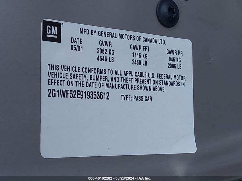 2001 Chevrolet Impala VIN: 2G1WF52E919353612 Lot: 40192282