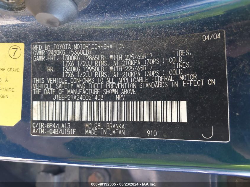 2004 Toyota Highlander Limited V6 VIN: JTEEP21A240051408 Lot: 40192335