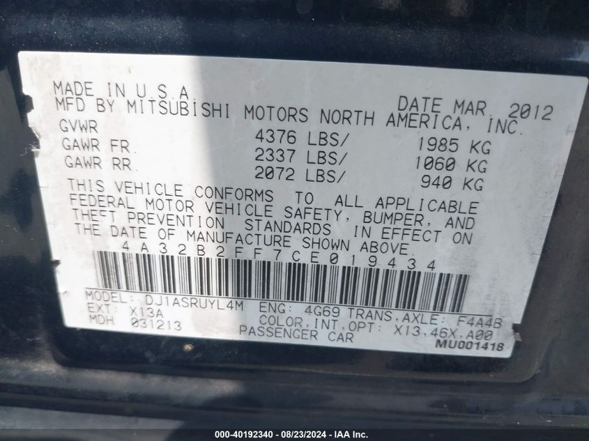 2012 Mitsubishi Galant Fe VIN: 4A32B2FF7CE019434 Lot: 40192340