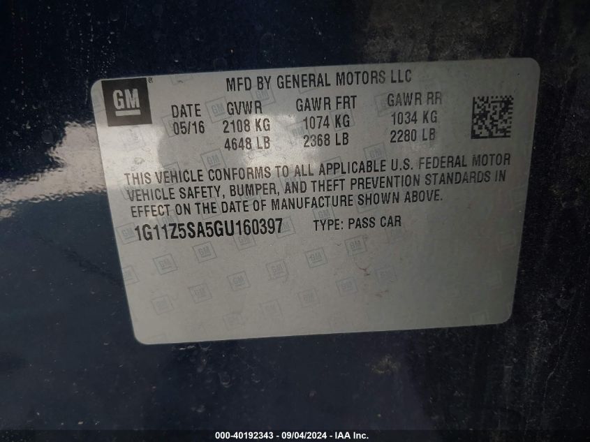 2016 Chevrolet Impala Ls VIN: 1G11Z5SA5GU160397 Lot: 40192343