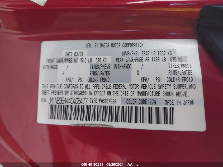 2004 Mazda Mazdaspeed Mx-5 Miata Cloth VIN: JM1NB354440406477 Lot: 40192358