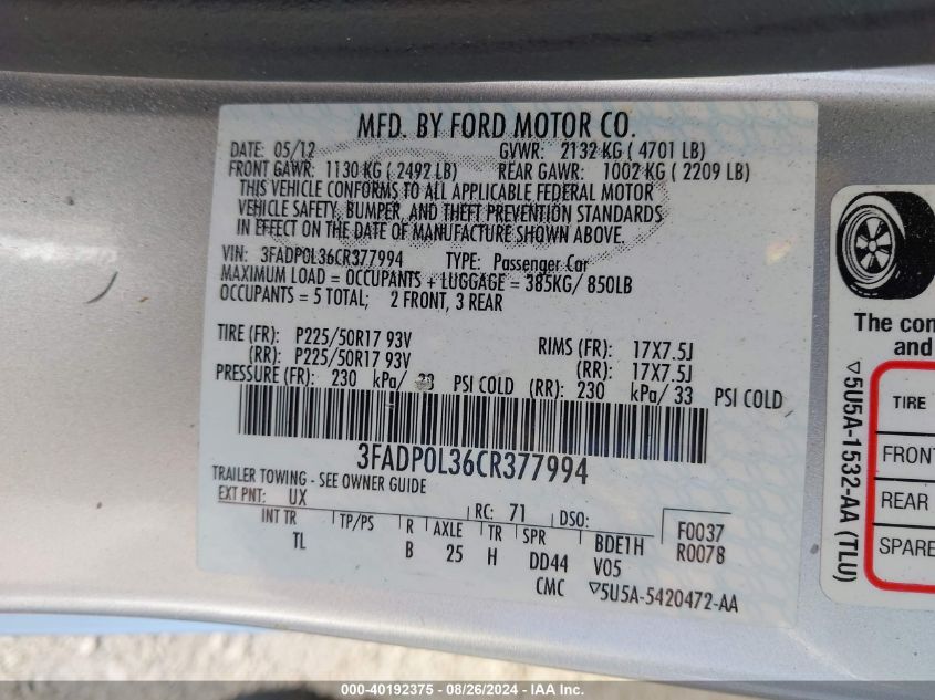 2012 Ford Fusion Hybrid VIN: 3FADP0L36CR377994 Lot: 40192375