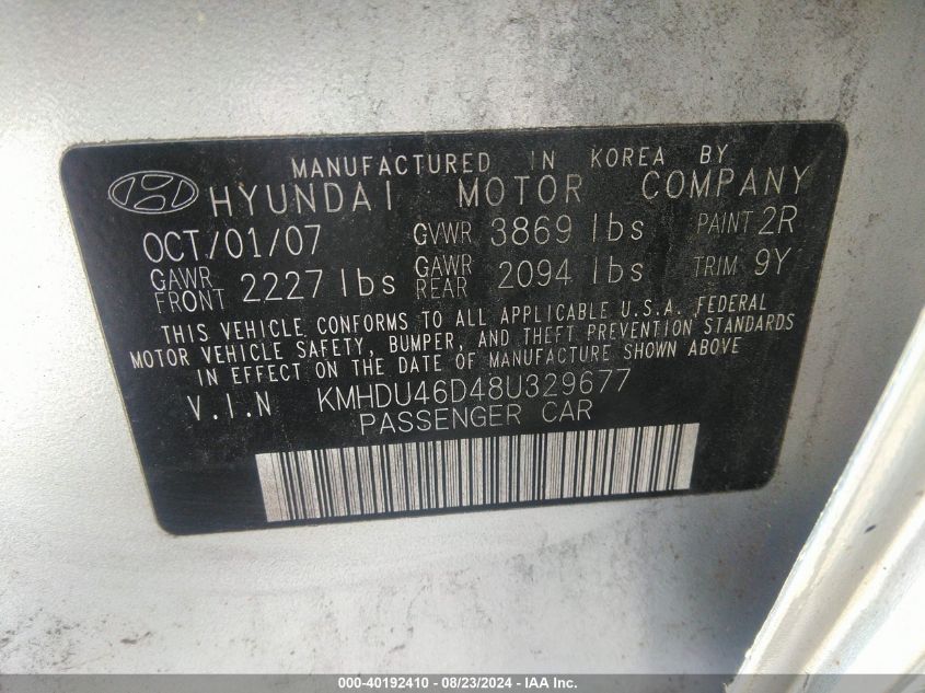 2008 Hyundai Elantra Gls/Se VIN: KMHDU46D48U329677 Lot: 40192410