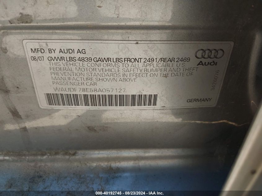 2008 Audi A4 2.0T VIN: WAUDF78E58A057127 Lot: 40192745