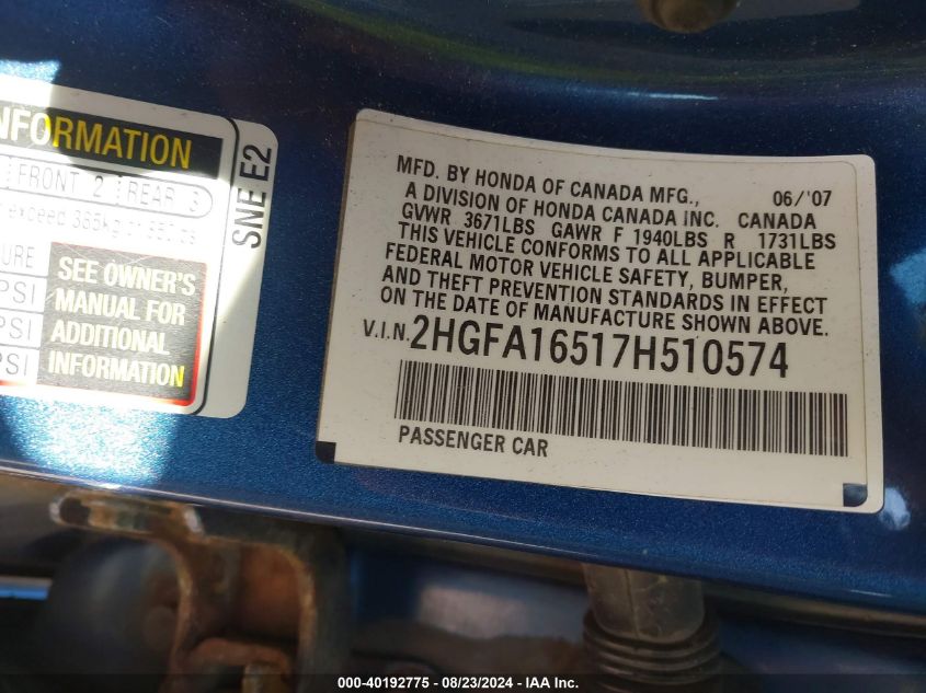 2007 Honda Civic Lx VIN: 2HGFA16517H510574 Lot: 40192775