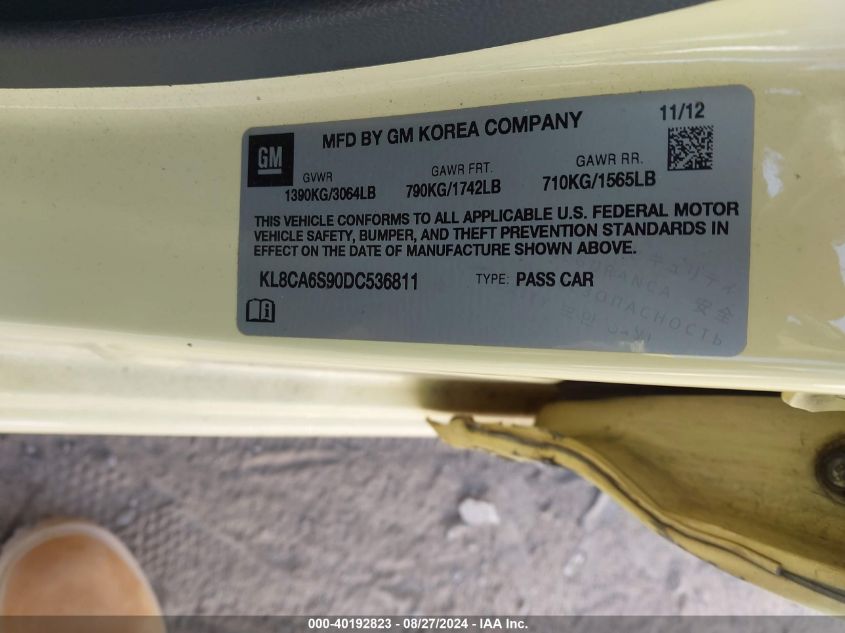 2013 Chevrolet Spark Ls Manual VIN: KL8CA6S90DC536811 Lot: 40192823