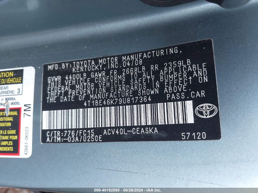 4T1BE46K79U817364 2009 Toyota Camry Se