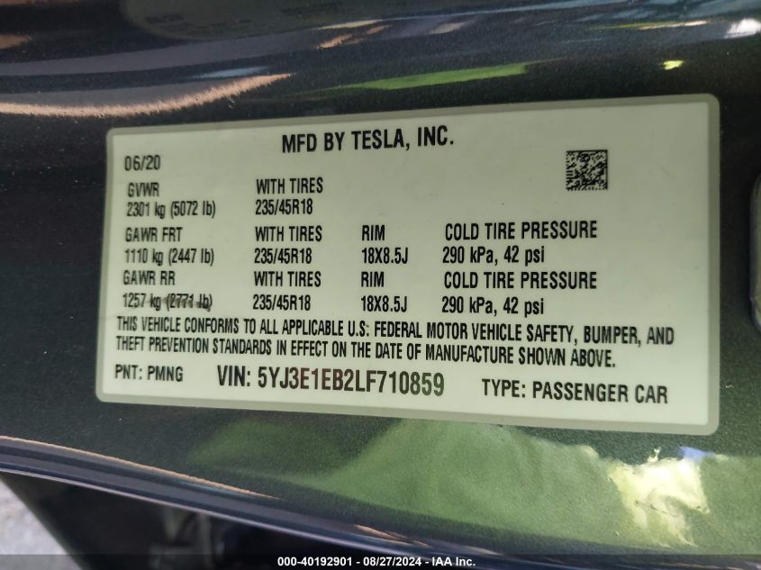 2020 Tesla Model 3 Long Range Dual Motor All-Wheel Drive VIN: 5YJ3E1EB2LF710859 Lot: 40192901