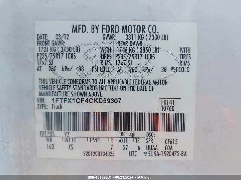 2012 Ford F-150 Xl VIN: 1FTFX1CF4CKD59307 Lot: 40192981