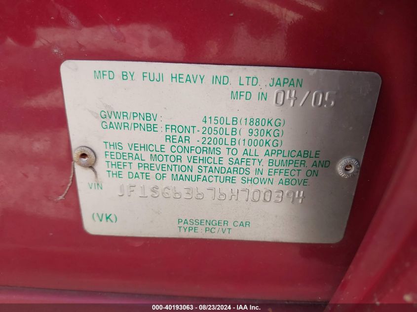 2006 Subaru Forester 2.5X VIN: JF1SG63676H700394 Lot: 40193063