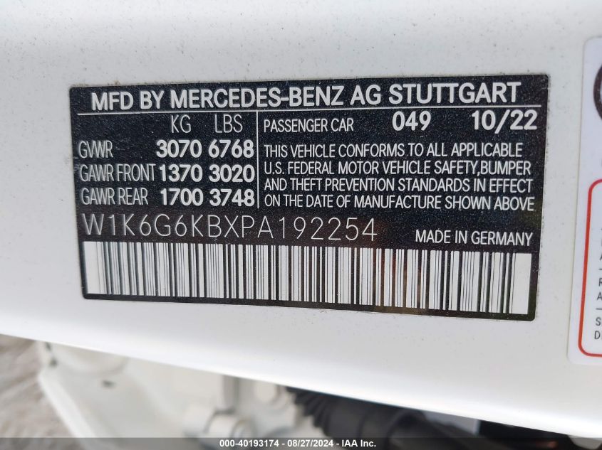 2023 Mercedes-Benz S 580E 4Matic VIN: W1K6G6KBXPA192254 Lot: 40193174