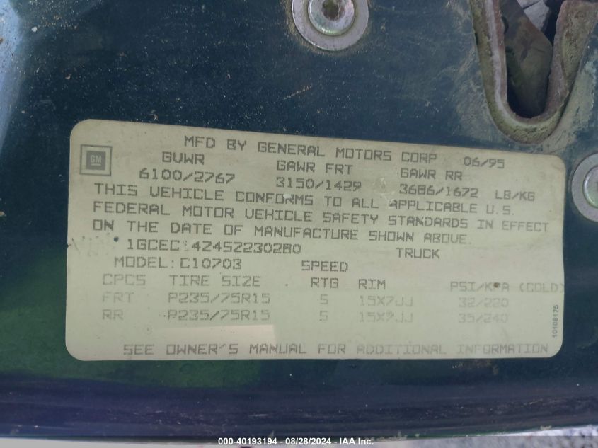 1995 Chevrolet Gmt-400 C1500 VIN: 1GCEC14Z4SZ230280 Lot: 40193194