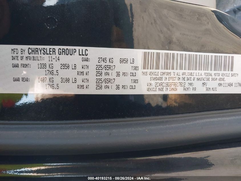 2015 Chrysler Town & Country Touring VIN: 2C4RC1BG6FR617612 Lot: 40193215