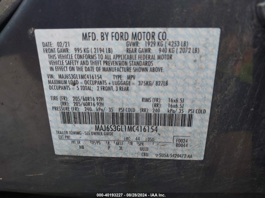 2021 Ford Ecosport Se VIN: MAJ6S3GL1MC416154 Lot: 40193227