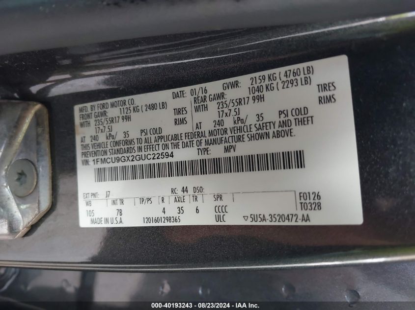 2016 Ford Escape Se VIN: 1FMCU9GX2GUC22594 Lot: 40193243