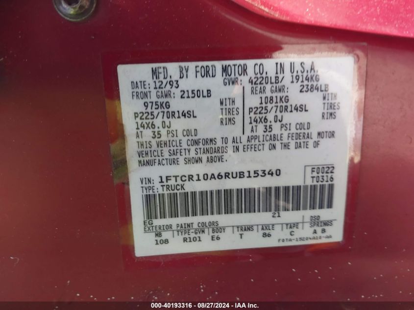 1994 Ford Ranger VIN: 1FTCR10A6RUB15340 Lot: 40193316
