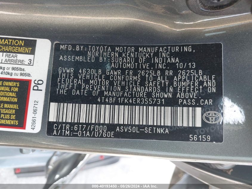 4T4BF1FK4ER355731 2014 Toyota Camry Le