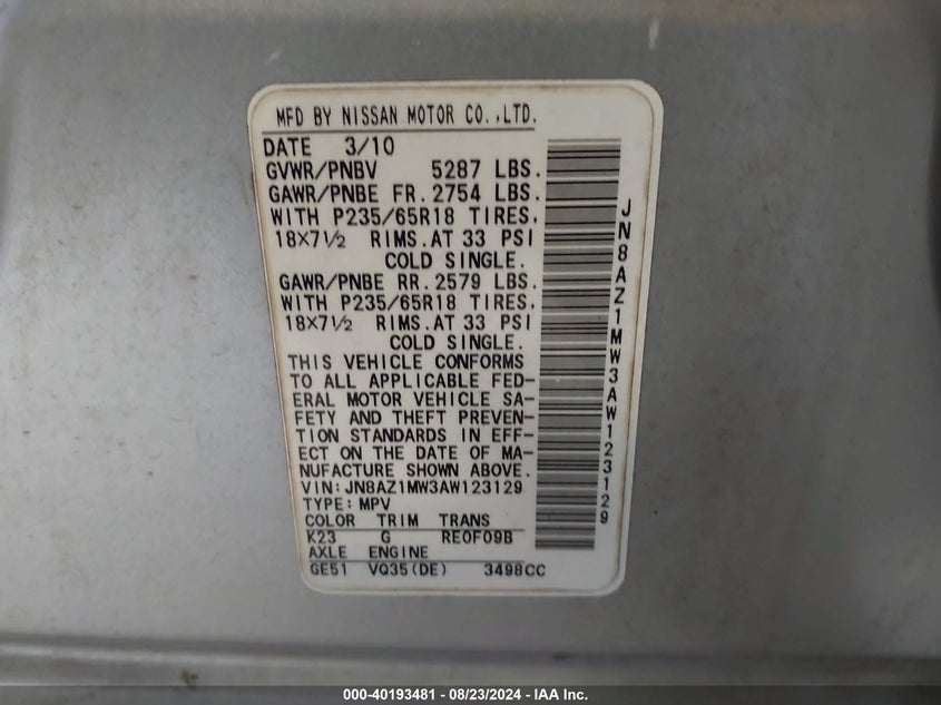 2010 Nissan Murano Sl VIN: JN8AZ1MW3AW123129 Lot: 40193481