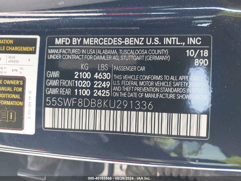 VIN 55SWF8DB8KU291336 2019 Mercedes-Benz C-Class, 300 no.9