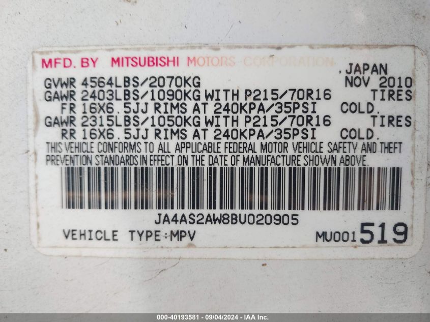 JA4AS2AW8BU020905 2011 Mitsubishi Outlander Es