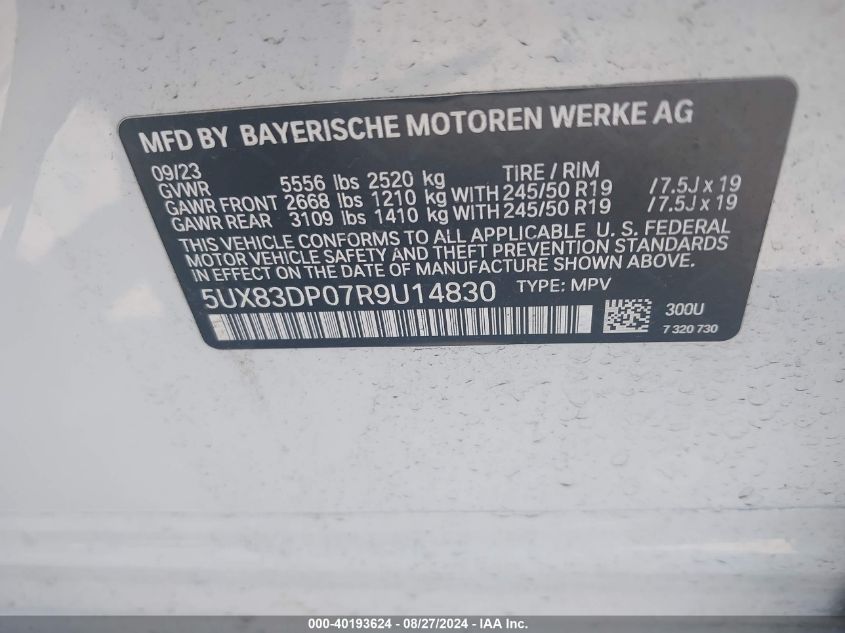 2024 BMW X3 M40I VIN: 5UX83DP07R9U14830 Lot: 40193624