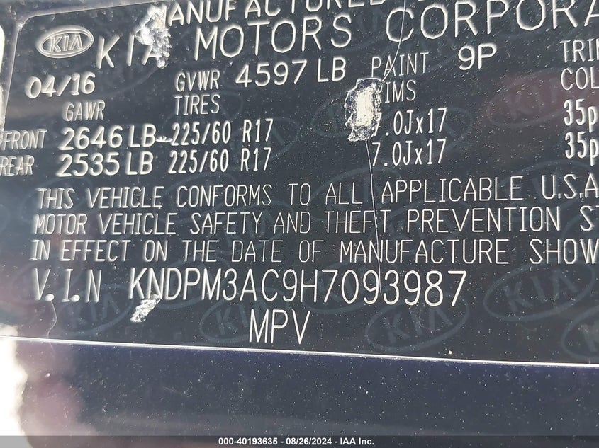 VIN KNDPM3AC9H7093987 2017 KIA SPORTAGE LX