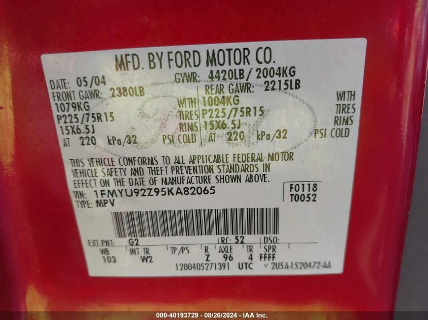 2005 Ford Escape Xls VIN: 1FMYU92Z95KA82065 Lot: 40193729