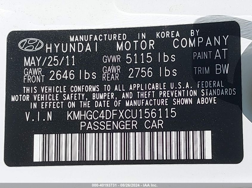 2012 Hyundai Genesis 4.6 VIN: KMHGC4DFXCU156115 Lot: 40193731