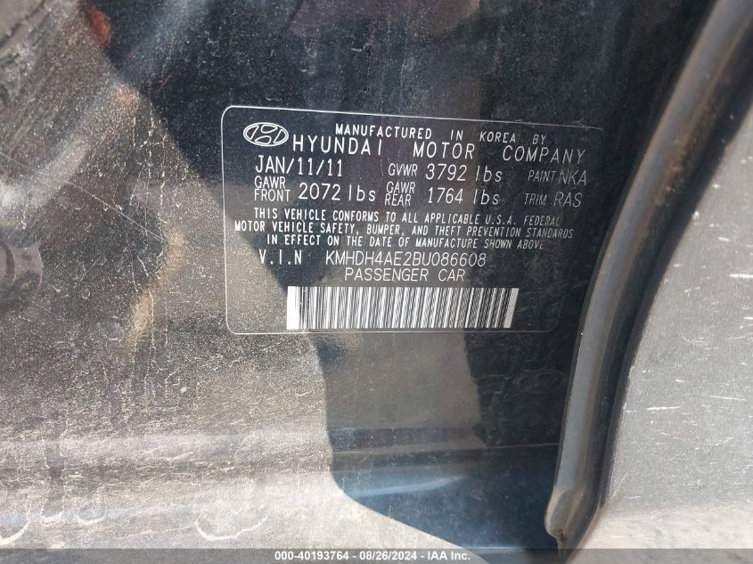 2011 Hyundai Elantra Gls (Ulsan Plant) VIN: KMHDH4AE2BU086608 Lot: 40193764