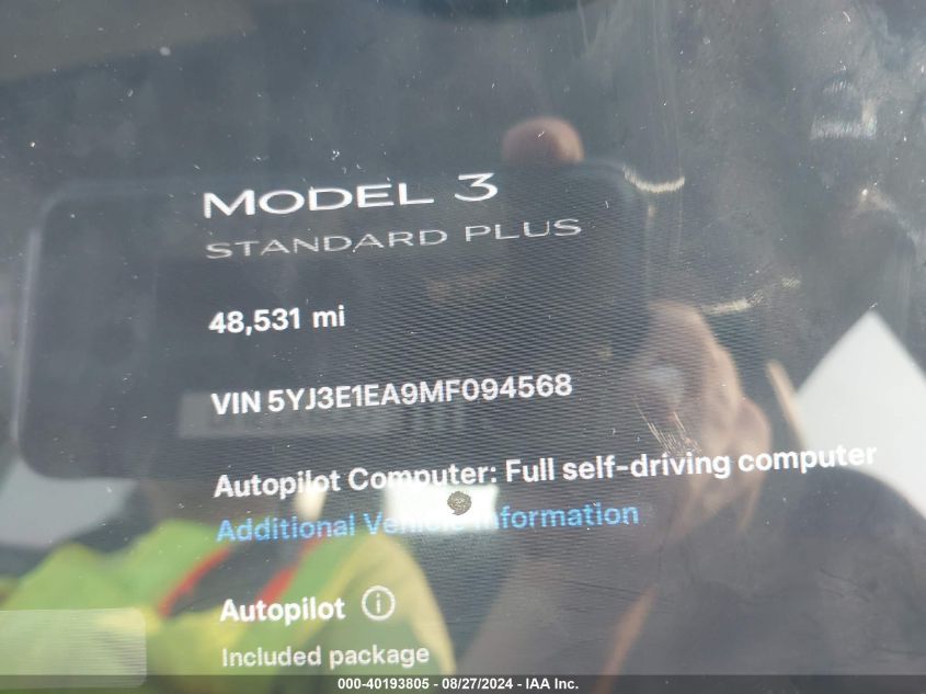 2021 Tesla Model 3 Standard Range Plus Rear-Wheel Drive VIN: 5YJ3E1EA9MF094568 Lot: 40193805