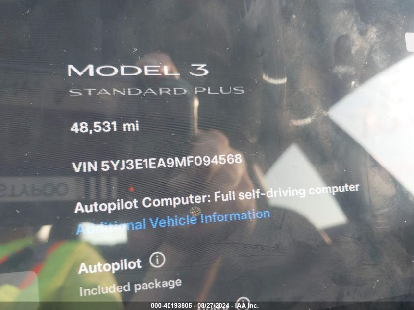 2021 Tesla Model 3 Standard Range Plus Rear-Wheel Drive VIN: 5YJ3E1EA9MF094568 Lot: 40193805