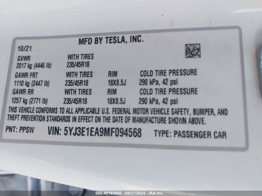 2021 Tesla Model 3 Standard Range Plus Rear-Wheel Drive VIN: 5YJ3E1EA9MF094568 Lot: 40193805