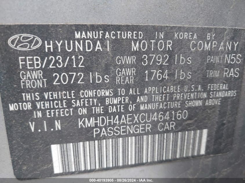KMHDH4AEXCU464160 2012 Hyundai Elantra Limited (Ulsan Plant)