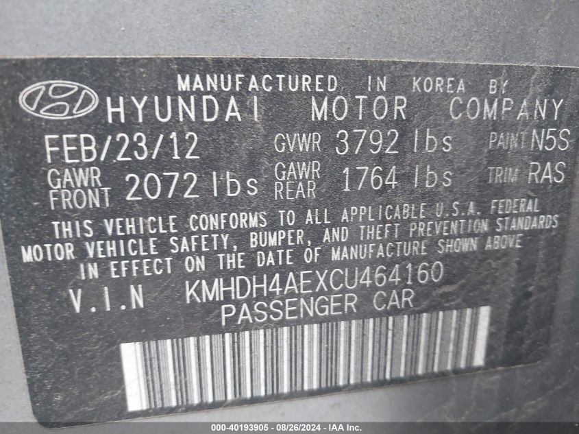 2012 Hyundai Elantra Limited (Ulsan Plant) VIN: KMHDH4AEXCU464160 Lot: 40193905