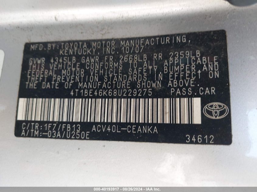 4T1BE46K68U229275 2008 Toyota Camry