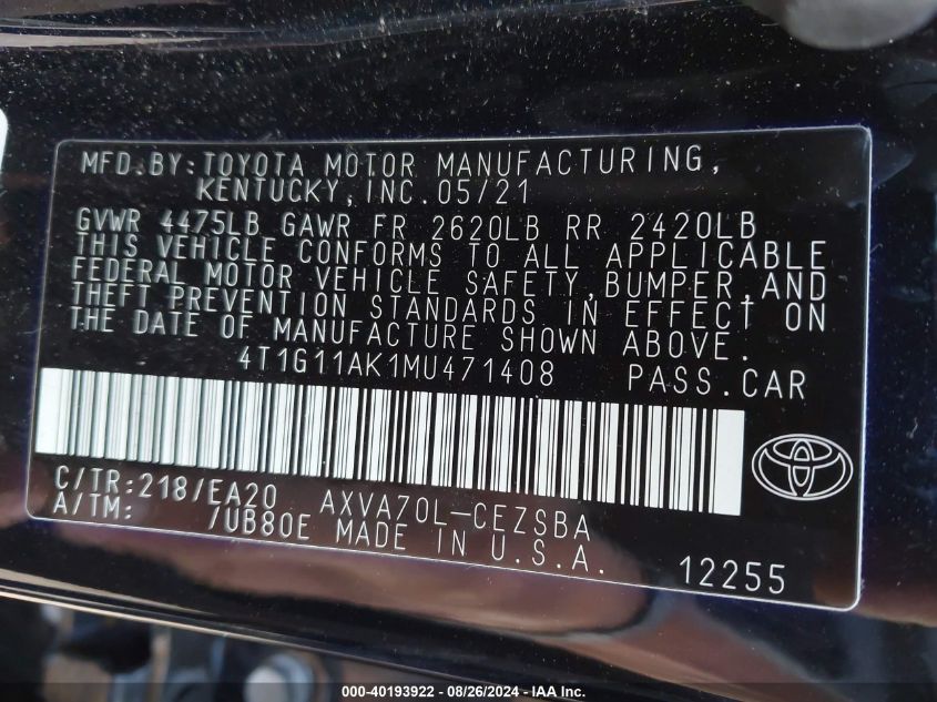 2021 Toyota Camry Se VIN: 4T1G11AK1MU471408 Lot: 40193922