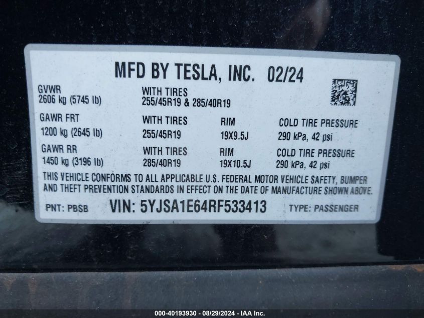 2024 Tesla Model S Plaid Tri Motor All-Wheel Drive VIN: 5YJSA1E64RF533413 Lot: 40193930