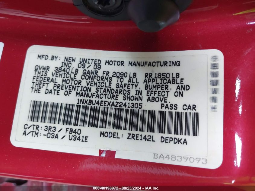 2010 Toyota Corolla VIN: 1NXBU4EEXAZ241305 Lot: 40193972