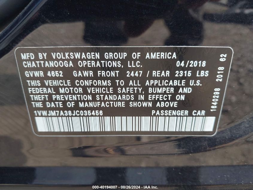 2018 VOLKSWAGEN PASSAT 3.6L V6 GT - 1VWJM7A38JC035456